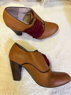 Faryl L Robin Bow Heels Size 8 Brown Burgundy Block Heel Dress Shoes Retro Style